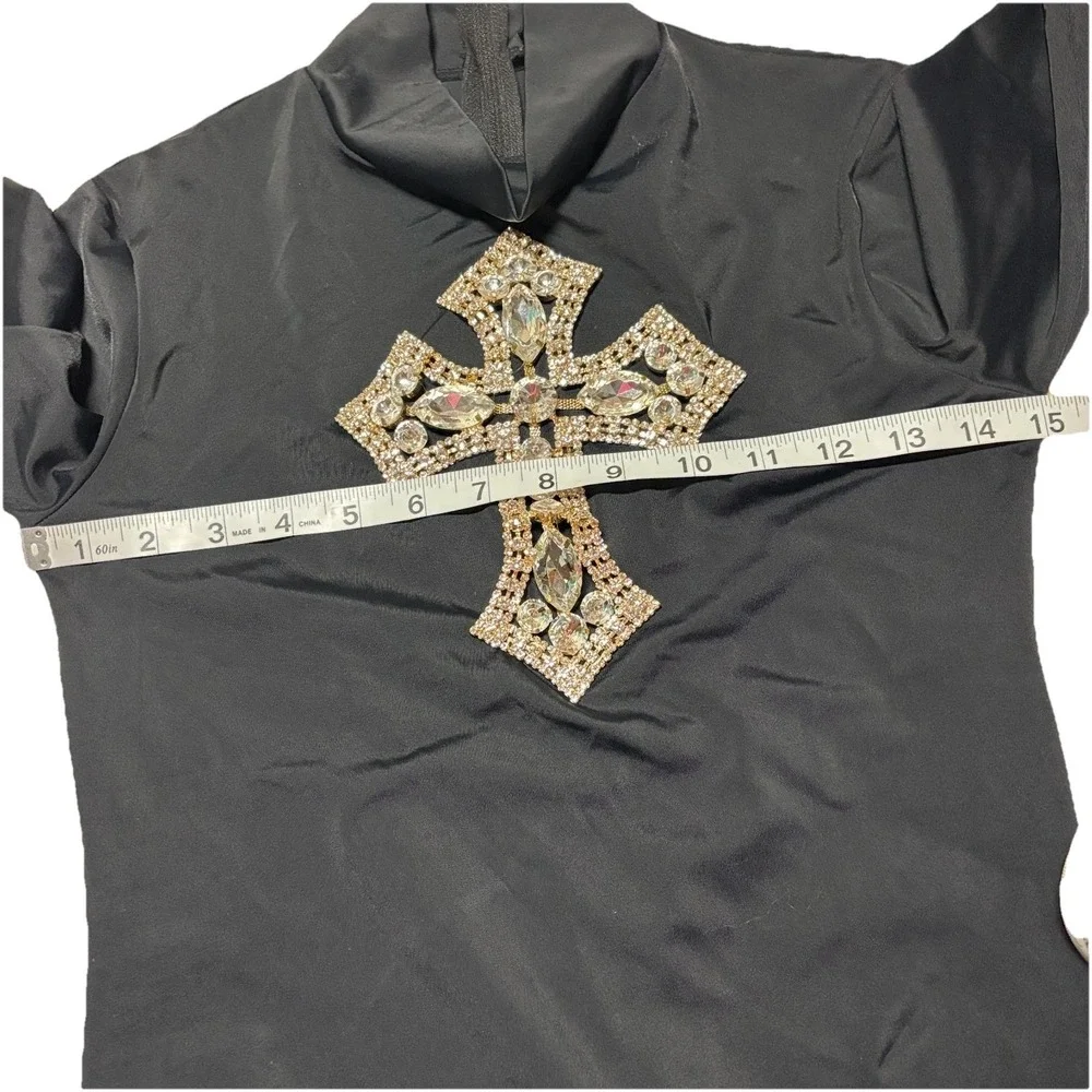 Nylon Spandex Leotard Dance Bodysuit Black +‎ Rhinestone Cross Turtleneck MA